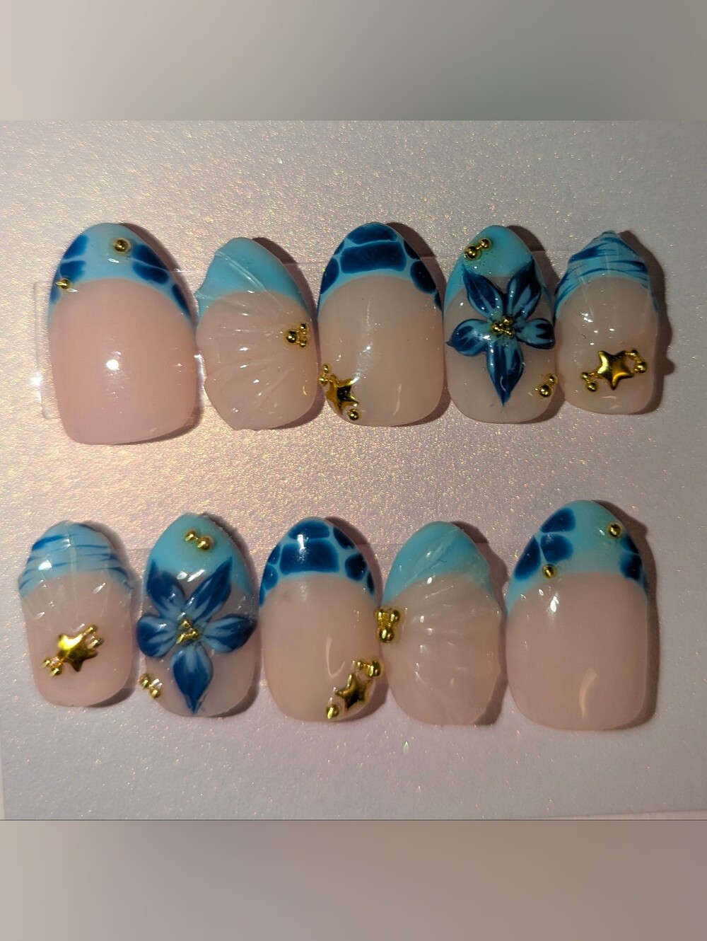Blue Floral Accent Press-On Nails - Women Makeup